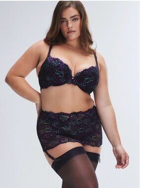 Savage X Fenty Garter Skirt - Romantic Corded Lace Black w Metallic Purple